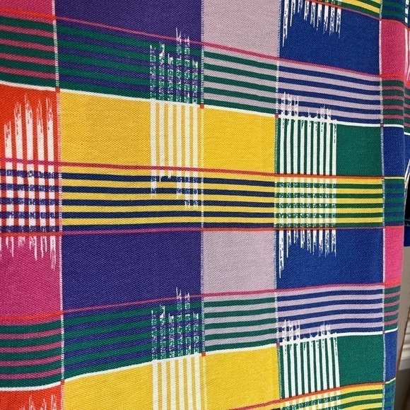 Vintage 90s Cotton Trader rainbow patchwork plaid check coogi-style polo shirt M - Picture 2 of 5